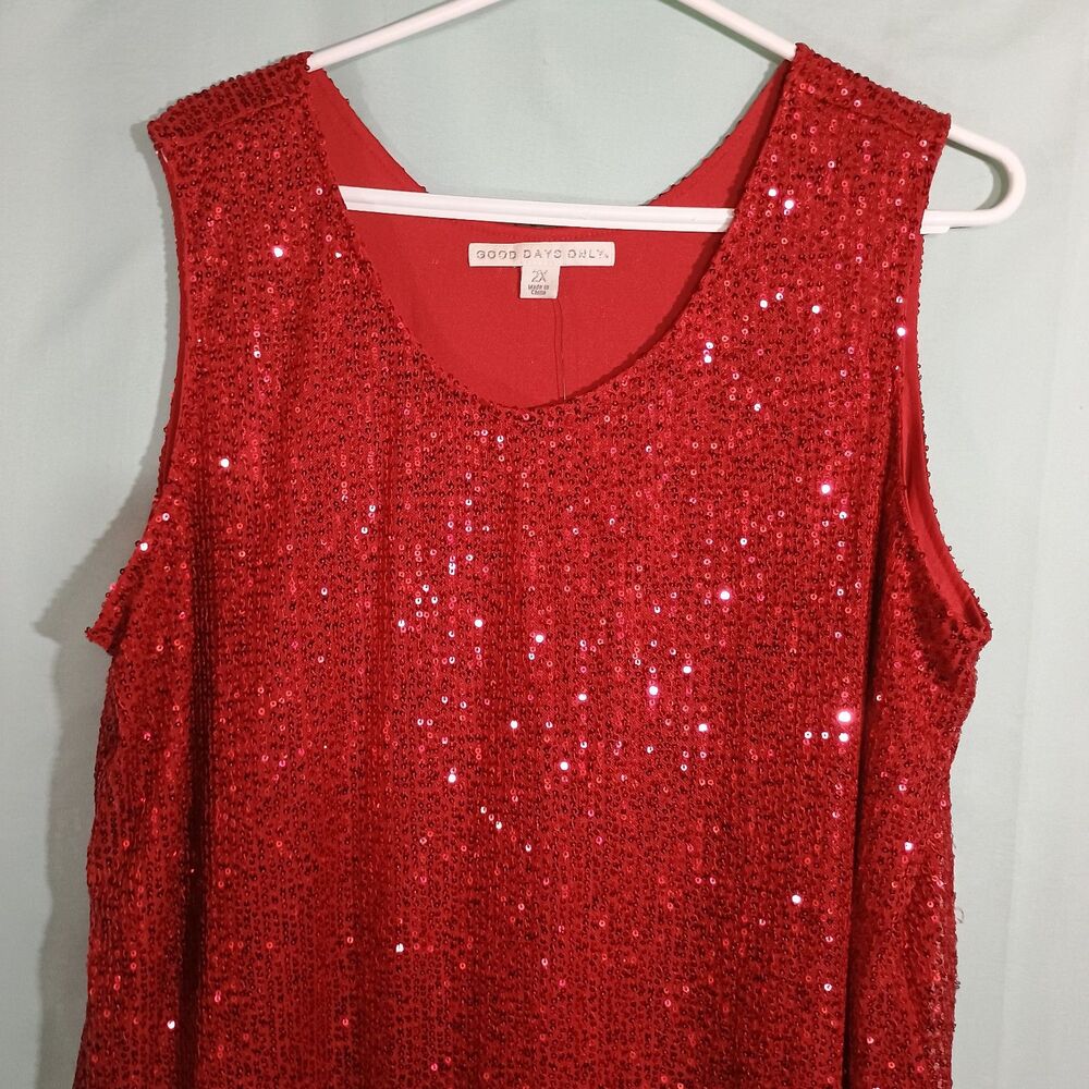 Red Sequin Tank Top Sleeveless Sparkly Party Top Holiday Evening Blouse - Picture 2 of 4